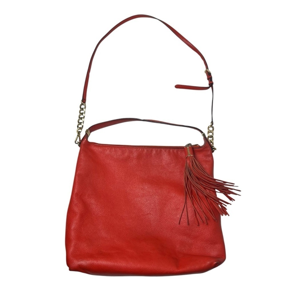 Michael Kors Hobo Bag Orange Red Soft Pebbled Leather with Tassel Large 2 Straps - Picture 10 of 15